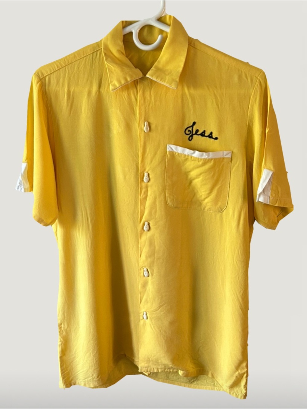 Vintage Yellow Bowling Shirt, Chain Stitch Lyndale Auto Body on Back